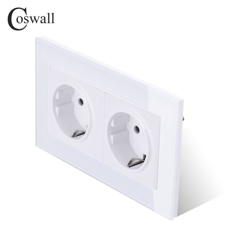 COSWALL Perete Panou de sticlă Priză Impământat UE Rusia Spania Priză dublă cu blocare de protecție pentru copii 146 * 86mm Seria C1