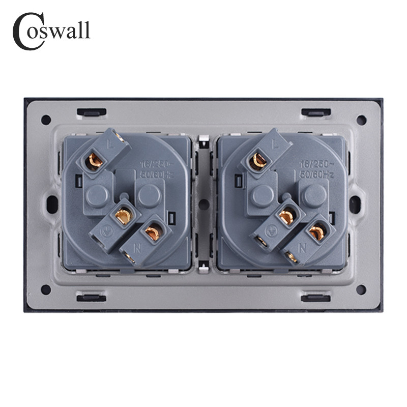 COSWALL Perete Panou de sticlă Priză Impământat UE Rusia Spania Priză dublă cu blocare de protecție pentru copii 146 * 86mm Seria C1