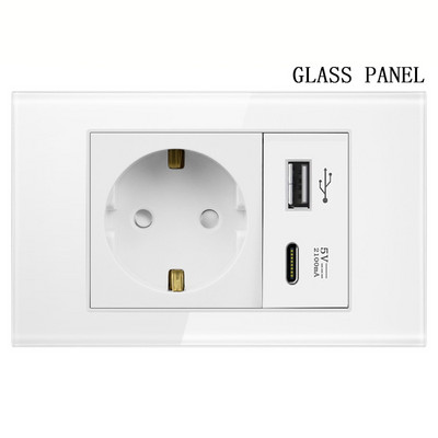Shawader EU zástrčka napájací kábel USB typu C zásuvka tlakový spínač tvrdený plast sklenený panel európsky obdĺžnikový zásuvka domáca kancelária