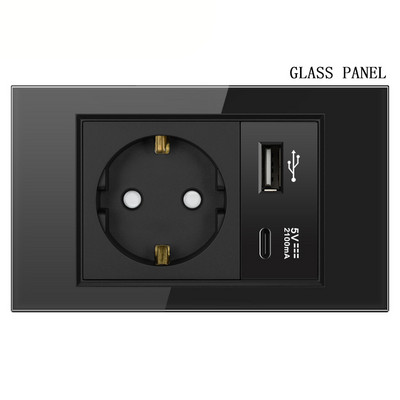 Shawader EU zástrčka napájací kábel USB typu C zásuvka tlakový spínač tvrdený plast sklenený panel európsky obdĺžnikový zásuvka domáca kancelária