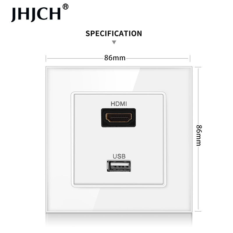 JHJCH panou din sticlă securizată compatibil hdmi cu port USB 2.0, priză de perete jack 2.0