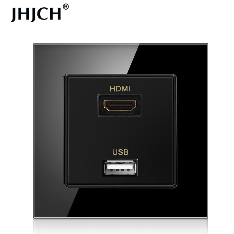 JHJCH panou din sticlă securizată compatibil hdmi cu port USB 2.0, priză de perete jack 2.0