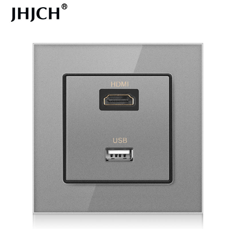 JHJCH panou din sticlă securizată compatibil hdmi cu port USB 2.0, priză de perete jack 2.0