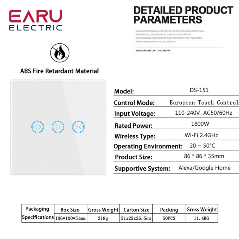 Temporizator inteligent WiFi, perete de sticlă tactil, controler comutator cortină pentru rulouri Motor electric TUYA Smart Life Google Home Alexa