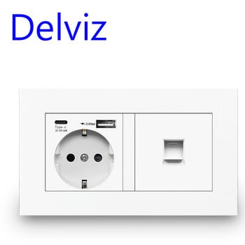 Delviz Wall USB Double Socket, Λευκό πλαστικό πάνελ ποιότητας, 5V 2100mA Με θύρες usb, 146MM*86MM, EU Standard τύπου C Πρίζα