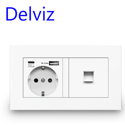 Delviz fali USB dupla aljzat, fehér minőségű műanyag panel, 5V 2100mA usb portokkal, 146mm*86mm, EU szabvány C típusú konnektor