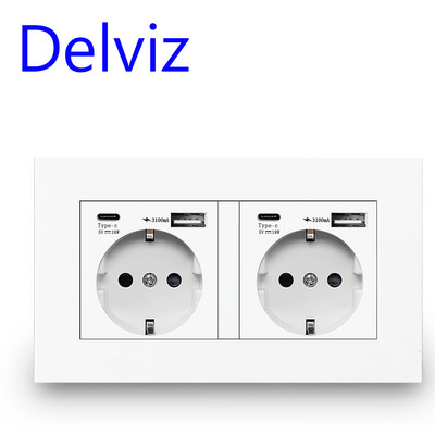 Delviz fali USB dupla aljzat, fehér minőségű műanyag panel, 5V 2100mA usb portokkal, 146mm*86mm, EU szabvány C típusú konnektor