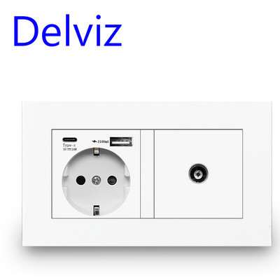 Delviz fali USB dupla aljzat, fehér minőségű műanyag panel, 5V 2100mA usb portokkal, 146mm*86mm, EU szabvány C típusú konnektor