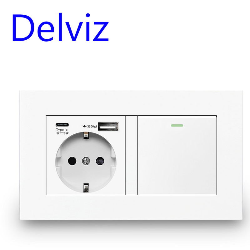„Delviz“ sieninis USB dvigubas lizdas, baltos kokybės plastikinė plokštė, 5 V 2100 mA su USB prievadais, 146 mm * 86 mm, ES standarto C tipo maitinimo lizdas