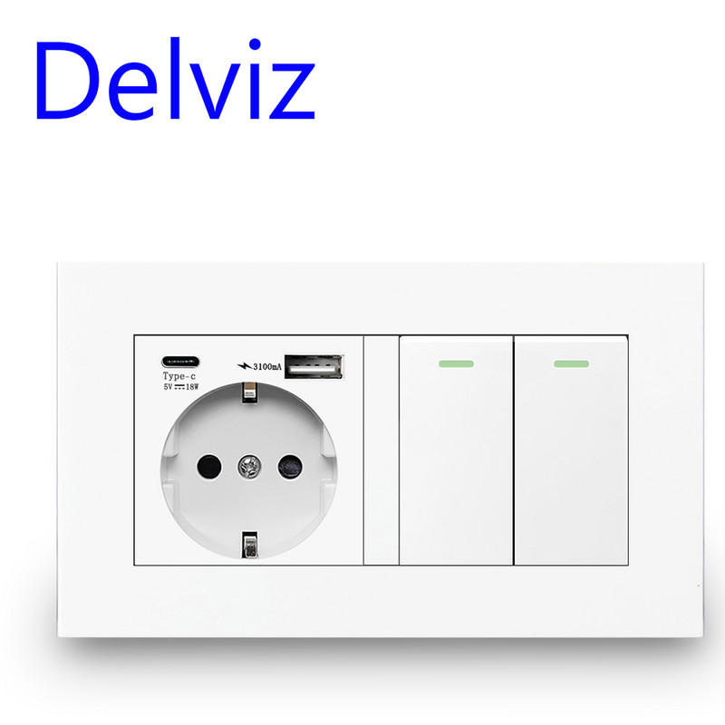 „Delviz“ sieninis USB dvigubas lizdas, baltos kokybės plastikinė plokštė, 5 V 2100 mA su USB prievadais, 146 mm * 86 mm, ES standarto C tipo maitinimo lizdas
