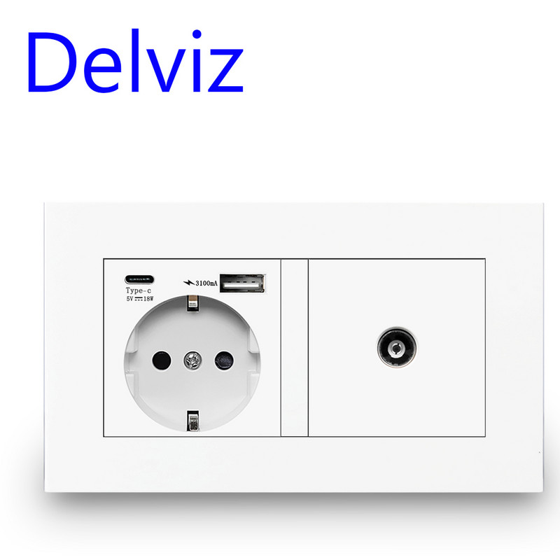 „Delviz“ sieninis USB dvigubas lizdas, baltos kokybės plastikinė plokštė, 5 V 2100 mA su USB prievadais, 146 mm * 86 mm, ES standarto C tipo maitinimo lizdas
