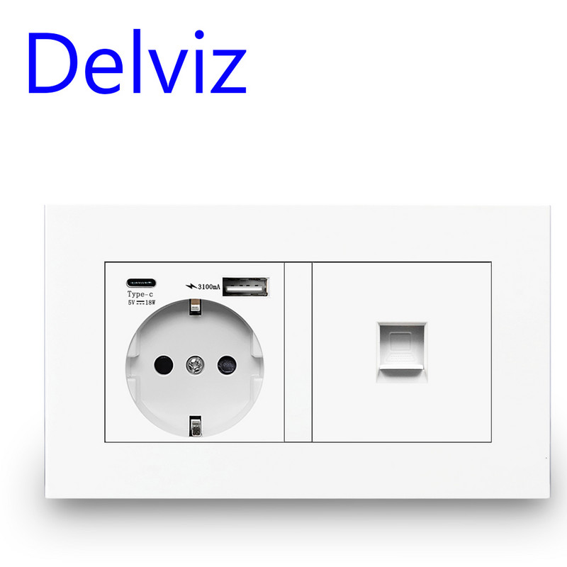 „Delviz“ sieninis USB dvigubas lizdas, baltos kokybės plastikinė plokštė, 5 V 2100 mA su USB prievadais, 146 mm * 86 mm, ES standarto C tipo maitinimo lizdas