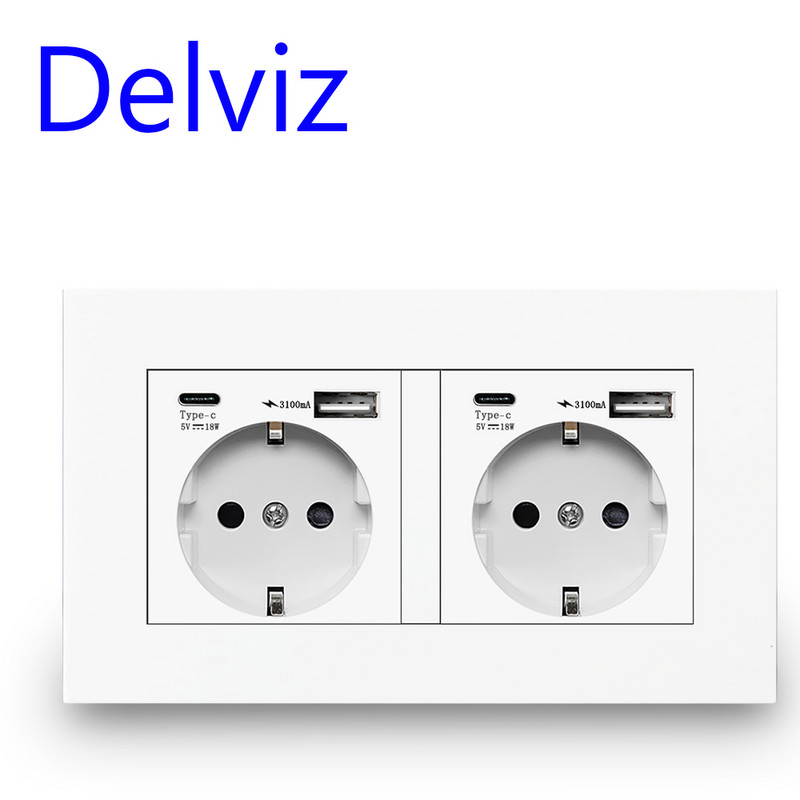 „Delviz“ sieninis USB dvigubas lizdas, baltos kokybės plastikinė plokštė, 5 V 2100 mA su USB prievadais, 146 mm * 86 mm, ES standarto C tipo maitinimo lizdas