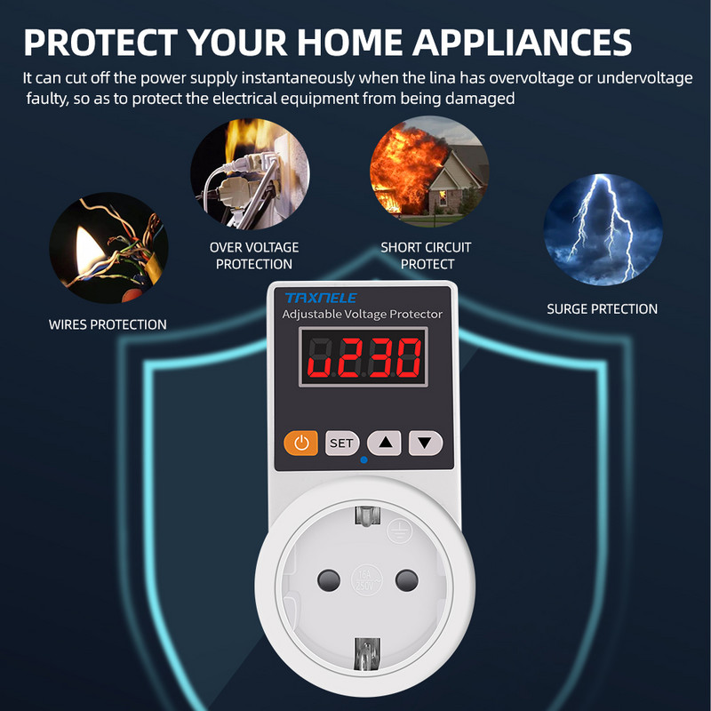Automaatne pingekaitse pistikupesa AC 220V Reguleeritav 16A voolupingekaitse EU Pistikupesa Pingeohutu külmkapi kaitse