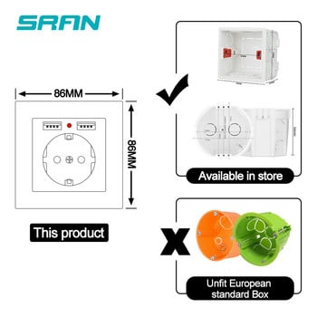 SRAN EU захранващ контакт, контакт с USB, 5V 2A панел от неръждаема стомана 86mm*86mm Сребърно покритие бяло/черно/златно