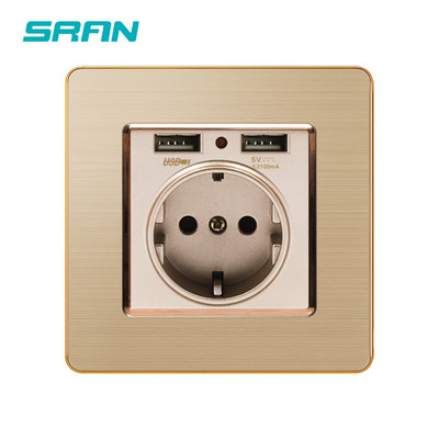SRAN EU zásuvka, zásuvka s USB, 5V 2A nerezový panel 86mm*86mm strieborný povrch biela/čierna/zlatá