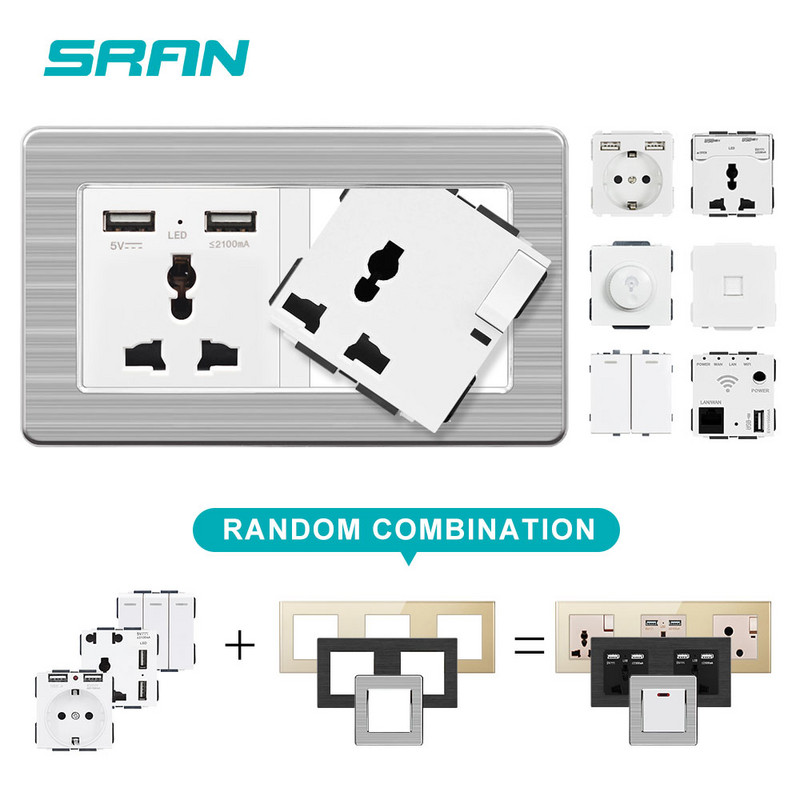 SRAN EU zásuvka, zásuvka s USB, 5V 2A nerezový panel 86mm*86mm strieborný povrch biela/čierna/zlatá