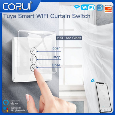 CORUI Tuya WiFi RF433 Smart Curtain Panel Switch 2.5D Arc Glass Panel за ролетни щори Щори APP Управление с Alexa Google