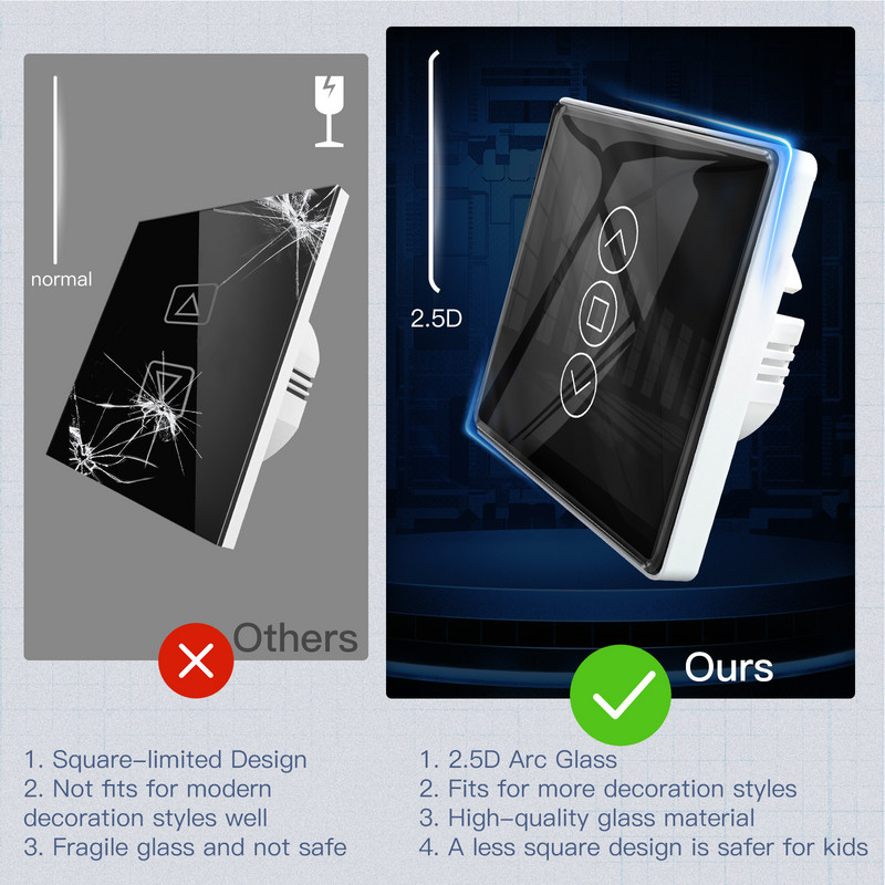 CORUI Tuya WiFi RF433 Inteligentný prepínač záclon 2.5D oblúkový sklenený panel pre rolety Ovládanie APP s Alexou Google