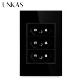 UNKAS Trei Prize Standard Brazilia 118mm*75mm Panou din sticlă cristal Negru AC 110V~250V 3 Ganguri 3 Pini Orificiu 20A Priză de perete