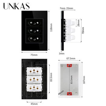 UNKAS Three Brazil Standard Socket 118mm*75mm Crystal Glass Panel Black AC 110V~250V 3 Gangs 3 Pins Τρύπα 20A Πρίζα τοίχου