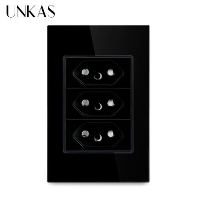 UNKAS Trīs Brazīlijas standarta ligzda 118 mm * 75 mm kristāla stikla panelis, melns maiņstrāva 110 V ~ 250 V 3 grupas 3 kontaktu caurums 20 A strāvas sienas kontaktligzda