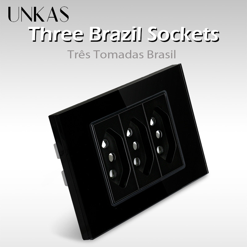 UNKAS Trei Prize Standard Brazilia 118mm*75mm Panou din sticlă cristal Negru AC 110V~250V 3 Ganguri 3 Pini Orificiu 20A Priză de perete
