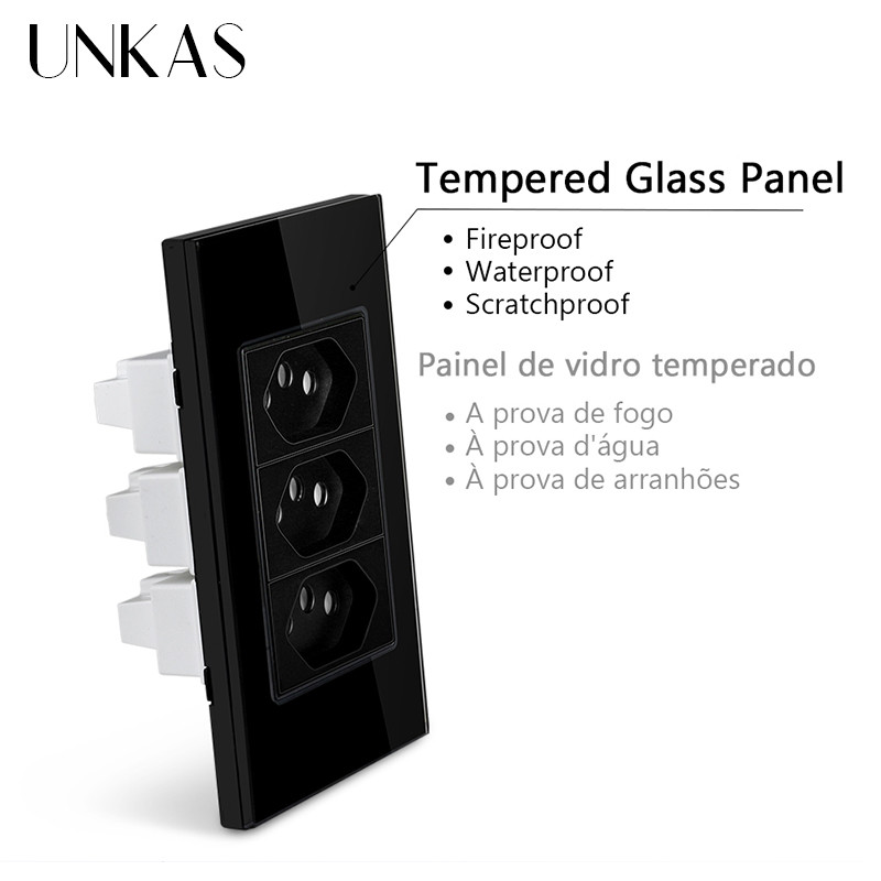 UNKAS Trei Prize Standard Brazilia 118mm*75mm Panou din sticlă cristal Negru AC 110V~250V 3 Ganguri 3 Pini Orificiu 20A Priză de perete