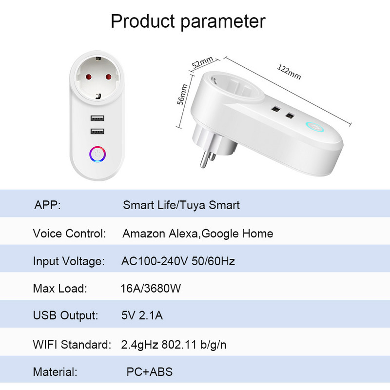IsFriday 16A Smart Plug Wifi EU ar USB uzlādes sektora ligzdu Tuya SmartLife savienota ligzda priekš Alexa Google Home Alice