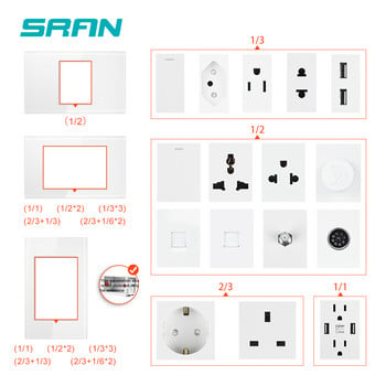 SRAN EU стандартен битов 16A стенен захранващ контакт 250V с USB Type-C порт за зарядно устройство 5V 2.1A, панел от кристално закалено стъкло 118*72mm