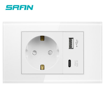 SRAN EU стандартен битов 16A стенен захранващ контакт 250V с USB Type-C порт за зарядно устройство 5V 2.1A, панел от кристално закалено стъкло 118*72mm