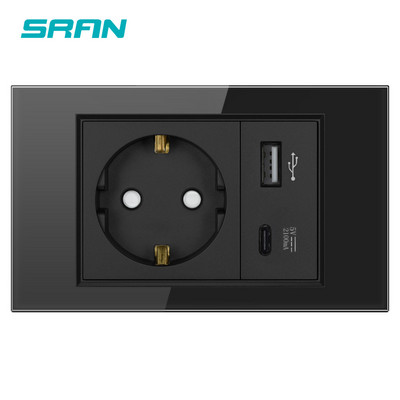 SRAN EU szabványos háztartási 16A fali konnektor 250V USB Type-C töltőporttal 5V 2.1A,kristály edzett üveg panel 118*72mm