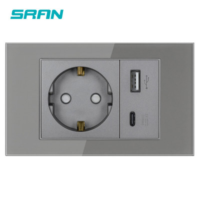 SRAN EU szabványos háztartási 16A fali konnektor 250V USB Type-C töltőporttal 5V 2.1A,kristály edzett üveg panel 118*72mm