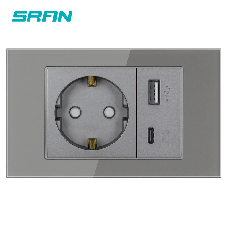 SRAN EU szabványos háztartási 16A fali konnektor 250V USB Type-C töltőporttal 5V 2.1A,kristály edzett üveg panel 118*72mm