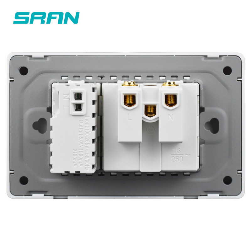 SRAN EU szabványos háztartási 16A fali konnektor 250V USB Type-C töltőporttal 5V 2.1A,kristály edzett üveg panel 118*72mm