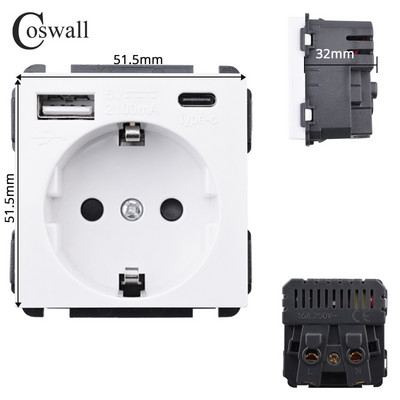 COSWALL C1 E20 X2 L1 S08 Balts ES ASV UK Itālijas Čīles universālā ligzda Type-C USB lādētājs Ūdensizturīgs vāks Audio izejas modulis DIY
