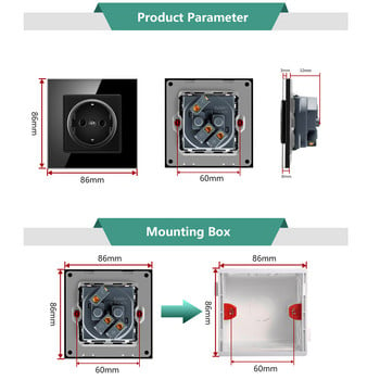BONDA Стенен контакт Панел от закалено стъкло ЕС стандарт Защита на децата Защита на децата Електрически контакт 86mm * 86mm 16A 110~250V