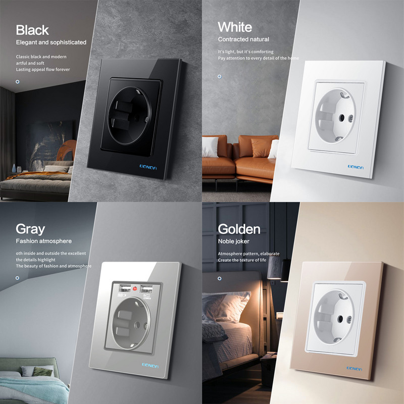 BONDA fali konnektor edzett üveglap EU szabvány gyerekeknek Gyermekbiztonsági védelem Elektromos konnektor 86mm * 86mm 16A 110~250V