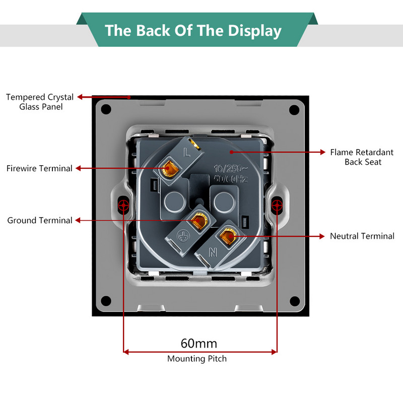 BONDA fali konnektor edzett üveglap EU szabvány gyerekeknek Gyermekbiztonsági védelem Elektromos konnektor 86mm * 86mm 16A 110~250V