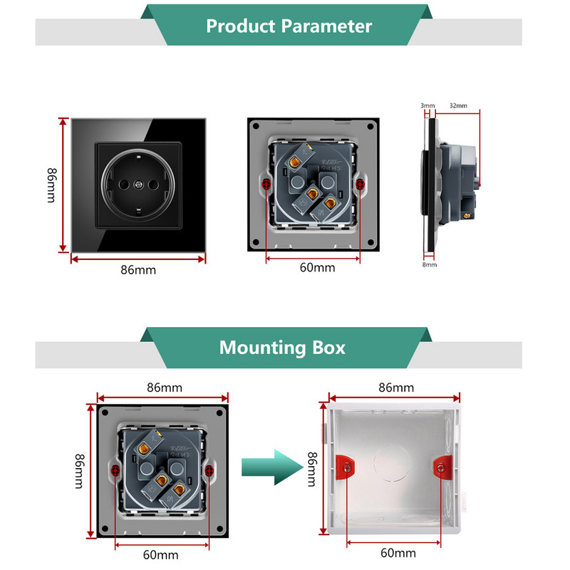 BONDA fali konnektor edzett üveglap EU szabvány gyerekeknek Gyermekbiztonsági védelem Elektromos konnektor 86mm * 86mm 16A 110~250V