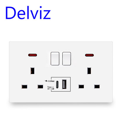 Портове за бързо зареждане Delviz Type-C, двоен 13A електрически контакт, гнездо за управление на превключвател, 18W интелигентно зареждане, стандартен за Обединеното кралство стенен USB контакт