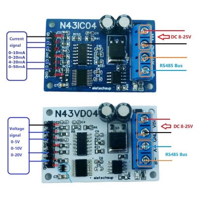 4-20MA/0-5V/0-10V 4 kanālu strāvas/sprieguma analogās iegūšanas RS485 Modbus RTU ADC modulis