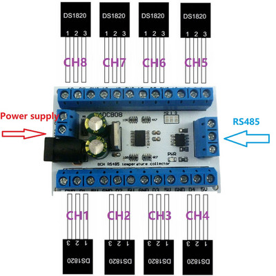 8 CH DS18B20 RS485 Modbus Rtu сензор Монитор за дистанционно събиране Цифров модул