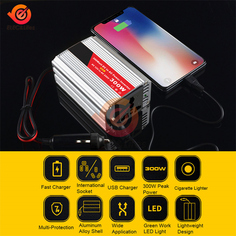 Invertor de putere pentru mașină 300W 12V 220V Adaptor convertor DC 12V la AC 220V cu clemă pentru baterie pentru aparate solare de acasă în aer liber