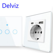 Priză USB tip C Delviz, porturi USB de încărcare rapidă, panou din sticlă cristal, priză standard UE de 16 A, comutator inteligent pentru lumină de perete WiFi