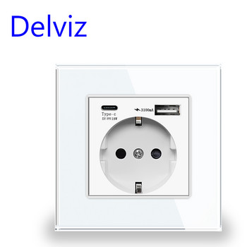 Delviz Type C USB захранващ контакт, USB портове за бързо зареждане, панел от кристално стъкло, стандартен за ЕС 16A изход, интелигентен превключвател за WiFi стенно осветление