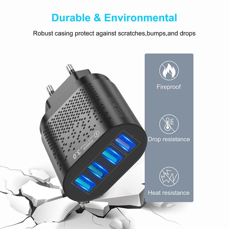 Prenosná 48W 4 USB nabíjačka s konektorom EU/US 5V/3A, rýchlonabíjací adaptér do steny, mobilný telefón pre iPhone, iPad, Mini, Samsung, Xiaomi