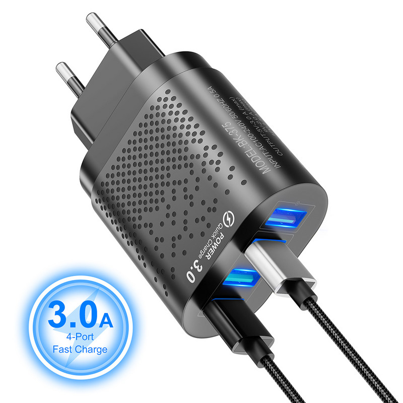 Prenosná 48W 4 USB nabíjačka s konektorom EU/US 5V/3A, rýchlonabíjací adaptér do steny, mobilný telefón pre iPhone, iPad, Mini, Samsung, Xiaomi