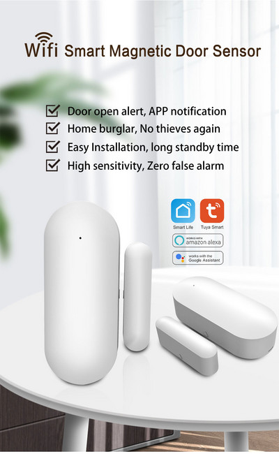 Συναγερμός ασφαλείας σπιτιού Tuya Smart WiFi Αισθητήρας πόρτας Πόρτα ανοιχτό / κλειστός ανιχνευτής Προστασία ασφαλείας Αισθητήρας παραθύρου WIFI Smart Home