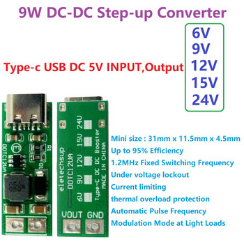10 τμχ Θηλυκή είσοδος USB Type-C DC DC Boost Step-up Converter 5V σε 6V 9V 12V 15V 24V Μονάδα ισχύος DDTC12UA